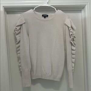 Express Cream Ruched Sleeve Crewneck Sweater